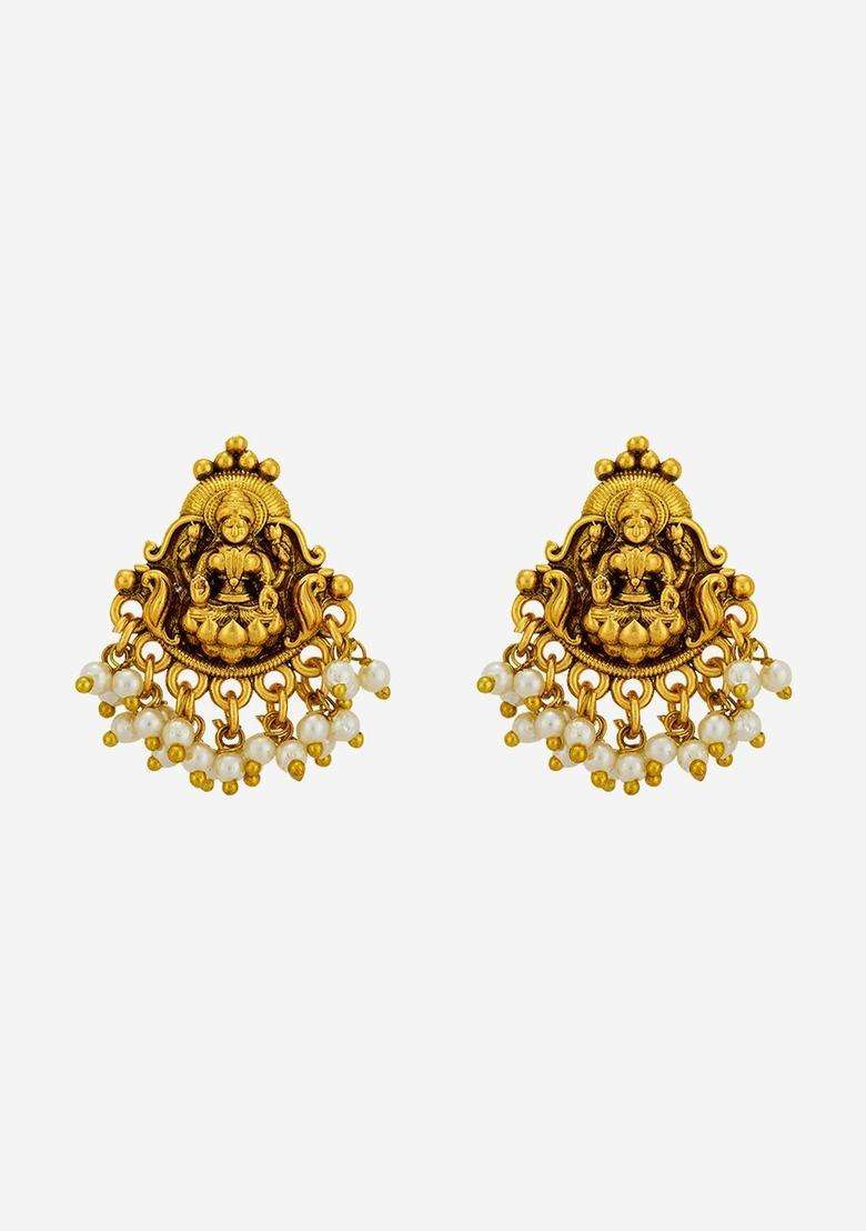 Contemporary Studs Gold-Plated Pearl Earrings for Women | Traditional Temple Jewellery for Wedding & Festive Wear | Gift for Her - Indya