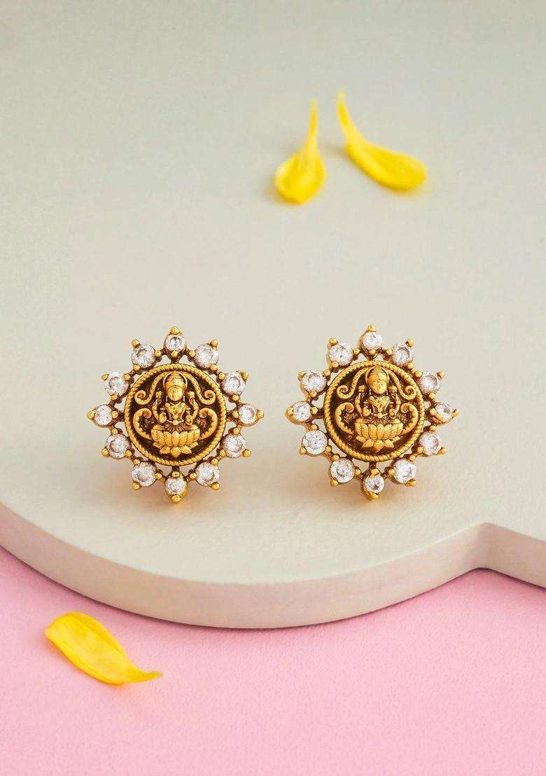 Gold-Plated Circular Studs Earrings with CZ Stone for Women | Traditional Temple Jewellery for Wedding & Festive Wear | Gift for Her - Indya