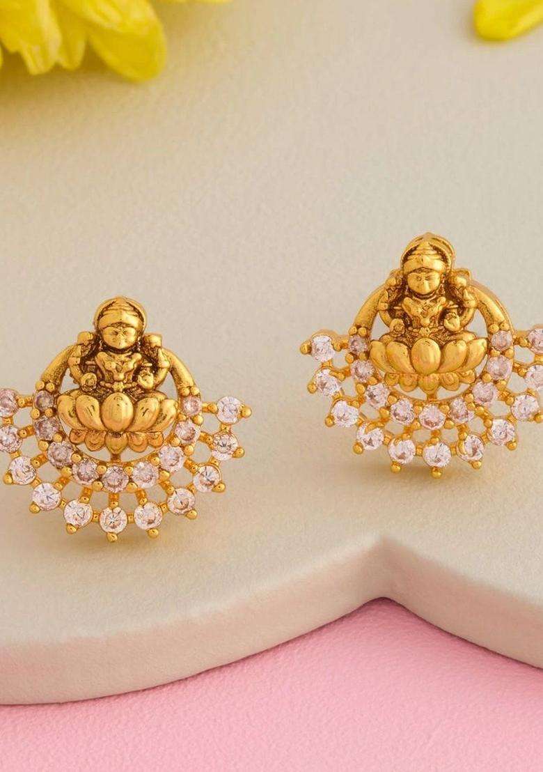 Gold-Plated Geometric Studs Earrings with CZ Stone for Women | Traditional Temple Jewellery for Wedding & Festive Wear | Gift for Her - Indya