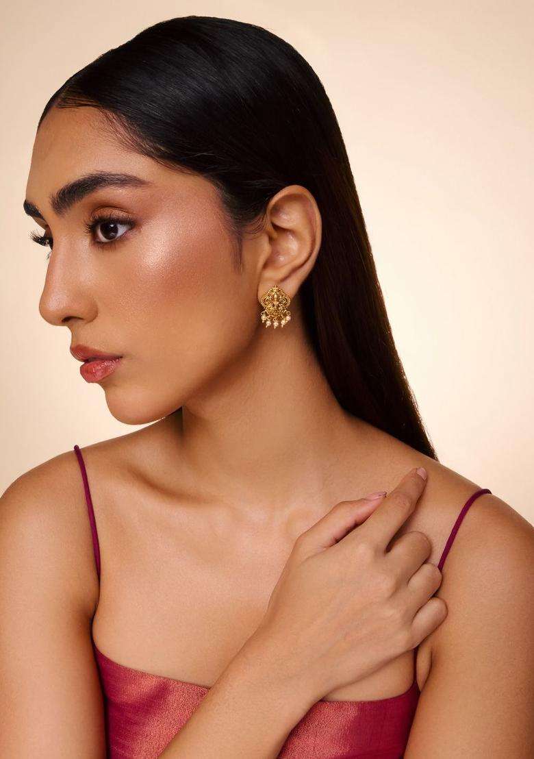 Contemporary Studs Gold-Plated Pearl Earrings for Women | Traditional Temple Jewellery for Wedding & Festive Wear | Gift for Her - Indya