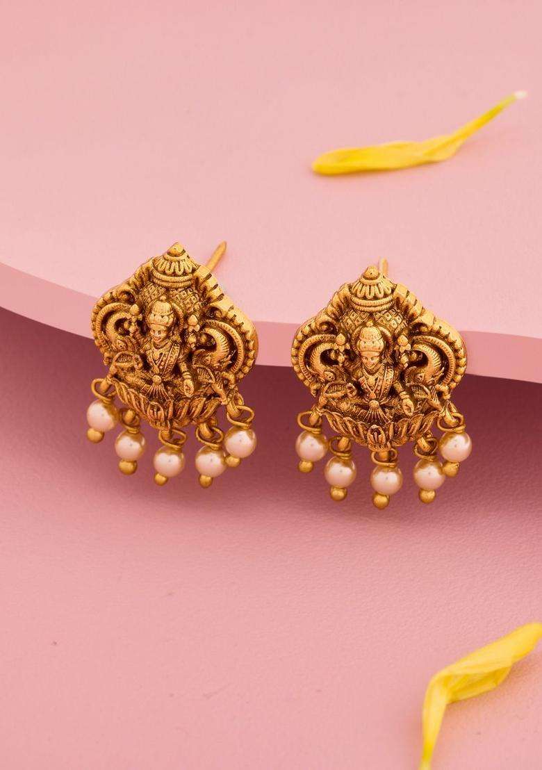 Contemporary Studs Gold-Plated Pearl Earrings for Women | Traditional Temple Jewellery for Wedding & Festive Wear | Gift for Her - Indya
