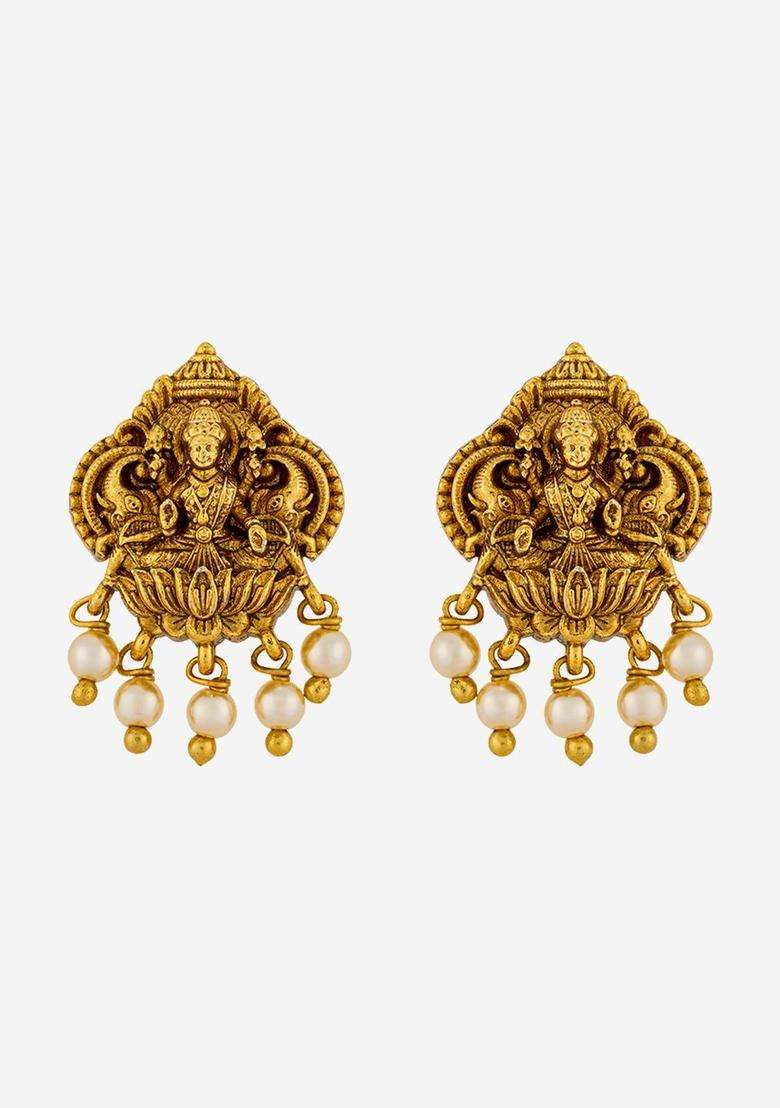 Contemporary Studs Gold-Plated Pearl Earrings for Women | Traditional Temple Jewellery for Wedding & Festive Wear | Gift for Her - Indya