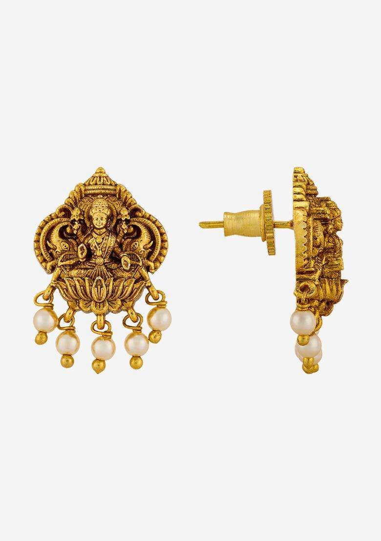 Contemporary Studs Gold-Plated Pearl Earrings for Women | Traditional Temple Jewellery for Wedding & Festive Wear | Gift for Her - Indya