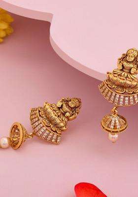 Gold-Plated Stones Studded Geometric Jhumkas Earrings with CZ Stone for Women | Traditional Temple Jewellery for Wedding & Festive Wear | Gift for Her