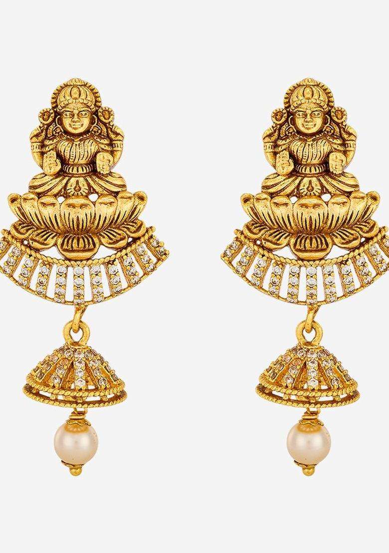 Gold-Plated Stones Studded Geometric Jhumkas Earrings with CZ Stone for Women | Traditional Temple Jewellery for Wedding & Festive Wear | Gift for Her - Indya