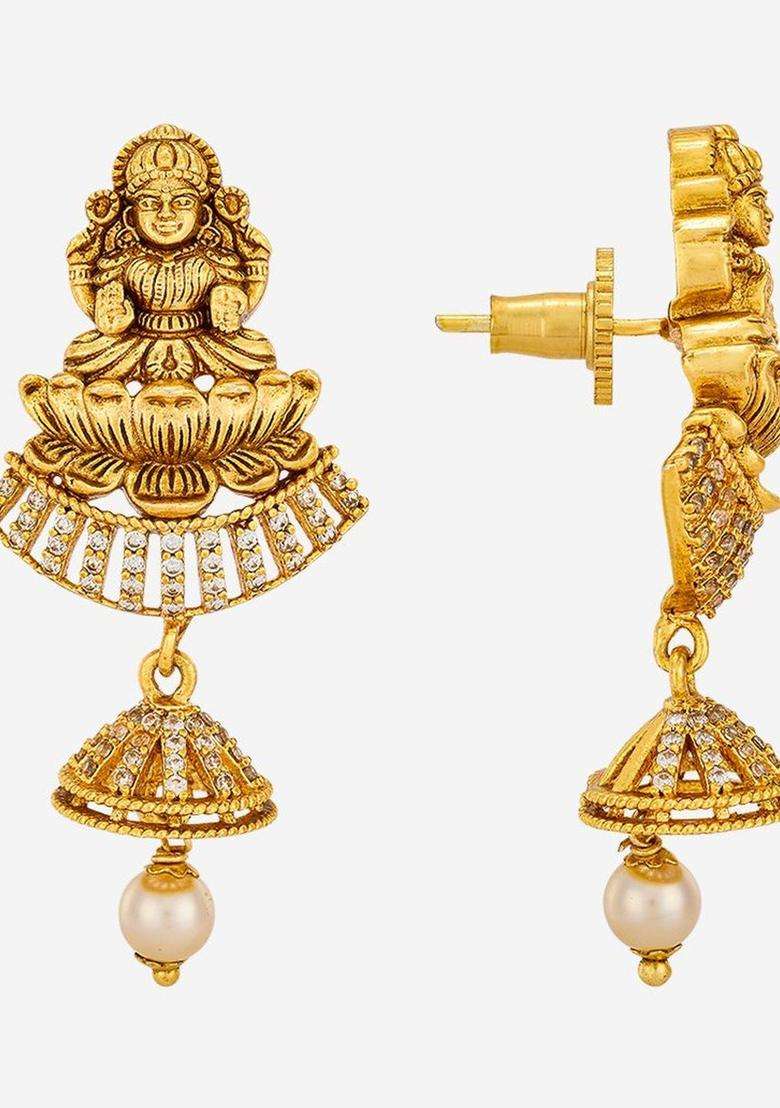 Gold-Plated Stones Studded Geometric Jhumkas Earrings with CZ Stone for Women | Traditional Temple Jewellery for Wedding & Festive Wear | Gift for Her - Indya