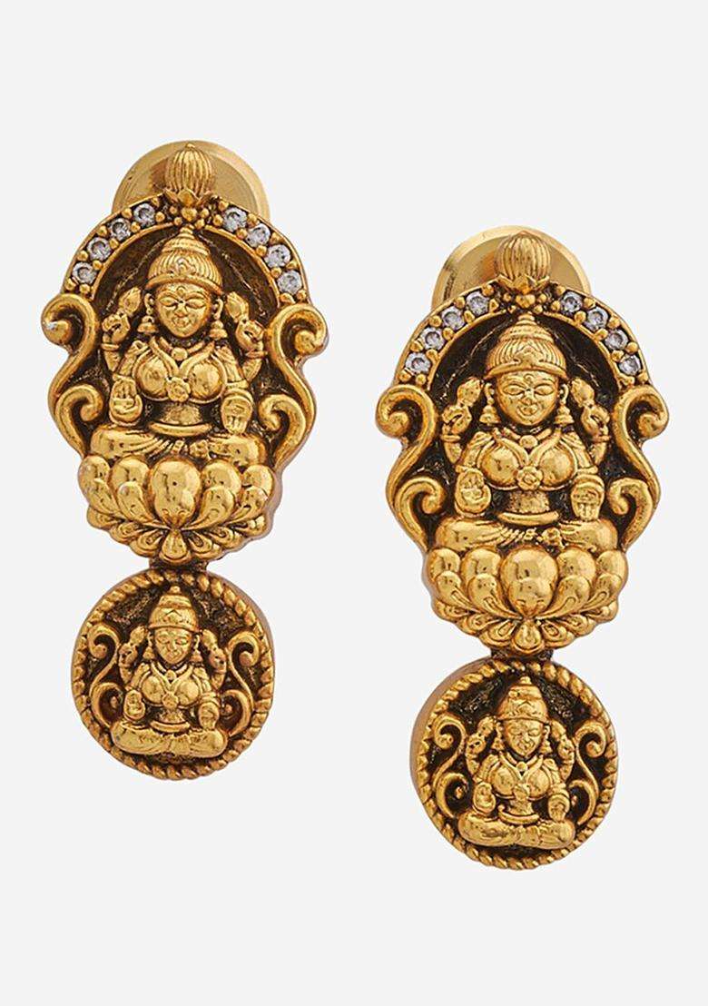 Gold-Plated Cubic Zirconia Stone Studded Drop Earrings for Women | Traditional Temple Jewellery for Wedding & Festive Wear | Gift for Her - Indya