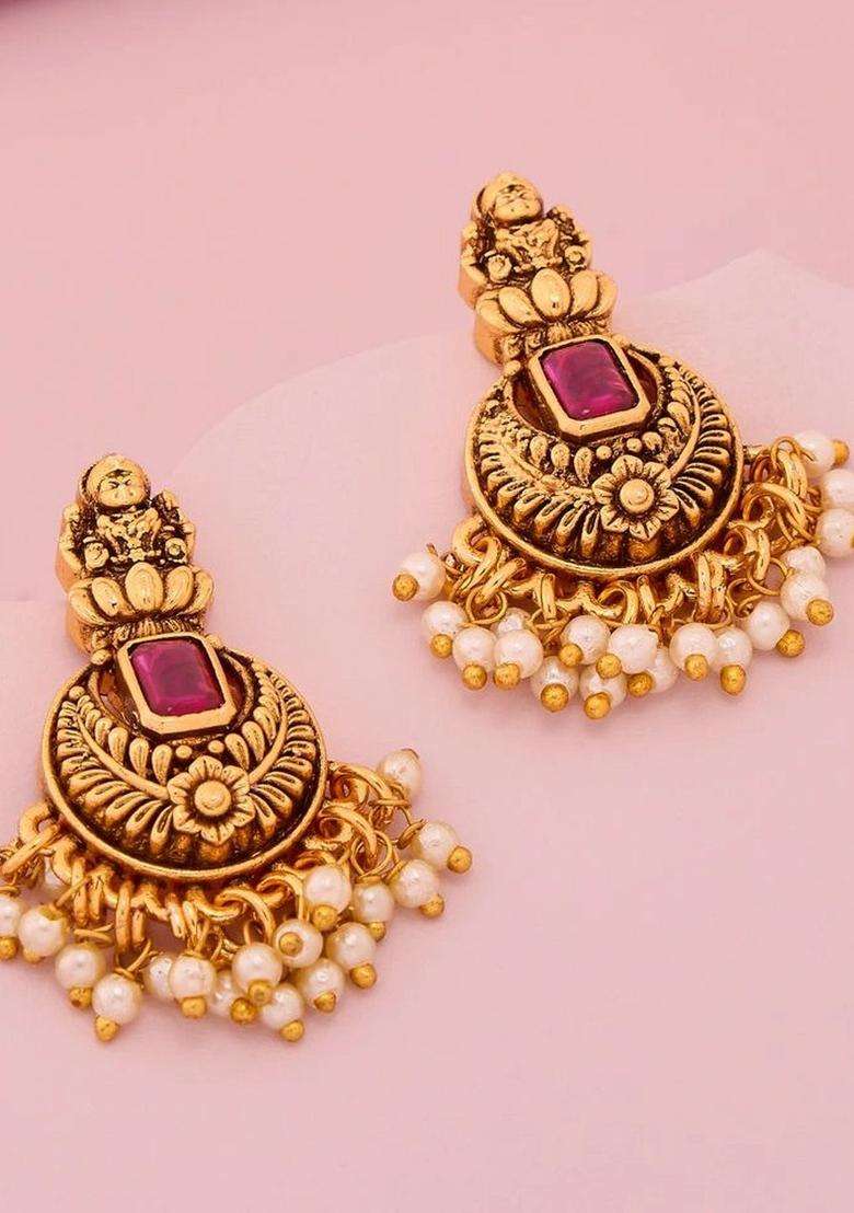 Gold-Plated Crescent Shaped Drop Earrings for Women | Traditional Temple Jewellery for Wedding & Festive Wear | Gift for Her - Indya