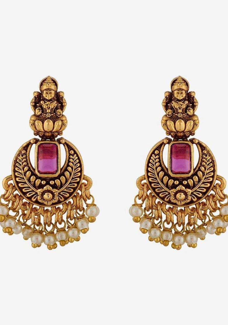 Gold-Plated Crescent Shaped Drop Earrings for Women | Traditional Temple Jewellery for Wedding & Festive Wear | Gift for Her - Indya