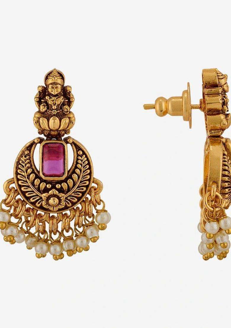 Gold-Plated Crescent Shaped Drop Earrings for Women | Traditional Temple Jewellery for Wedding & Festive Wear | Gift for Her - Indya