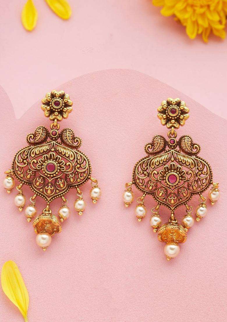 Contemporary Drop Gold-Plated Ruby Festive Earrings for Women | Traditional Temple Jewellery for Wedding & Festive Wear | Gift for Her - Indya