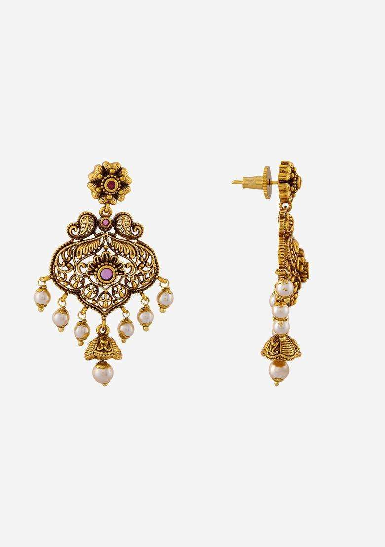 Contemporary Drop Gold-Plated Ruby Festive Earrings for Women | Traditional Temple Jewellery for Wedding & Festive Wear | Gift for Her - Indya