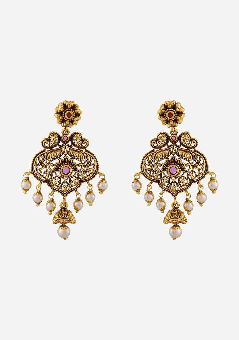 Contemporary Drop Gold-Plated Ruby Festive Earrings for Women | Traditional Temple Jewellery for Wedding & Festive Wear | Gift for Her - Indya