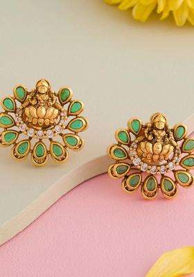 Gold-Plated Floral Studs Earrings with CZ Stone for Women | Traditional Temple Jewellery for Wedding & Festive Wear | Gift for Her