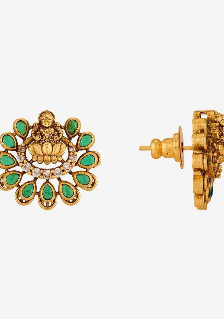Gold-Plated Floral Studs Earrings with CZ Stone for Women | Traditional Temple Jewellery for Wedding & Festive Wear | Gift for Her - Indya