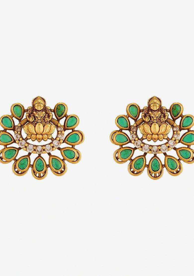 Gold-Plated Floral Studs Earrings with CZ Stone for Women | Traditional Temple Jewellery for Wedding & Festive Wear | Gift for Her - Indya