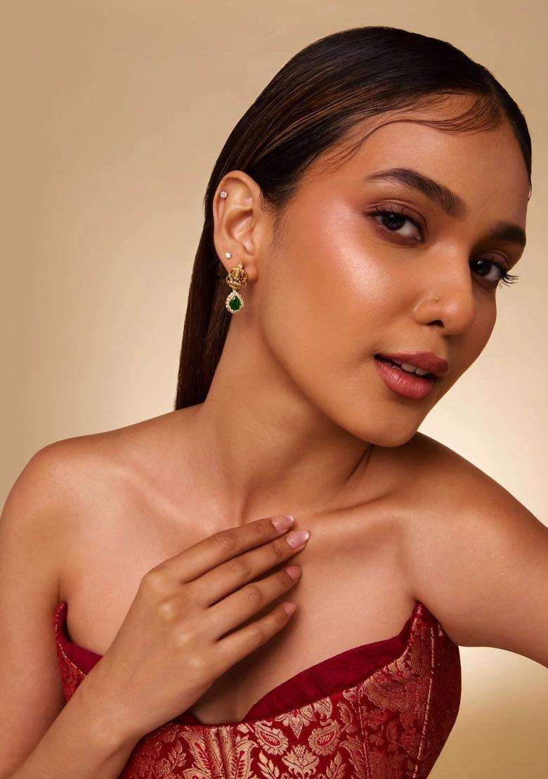 Gold-Plated Teardrop Shaped Drop Earrings with CZ Stone for Women | Traditional Temple Jewellery for Wedding & Festive Wear | Gift for Her - Indya