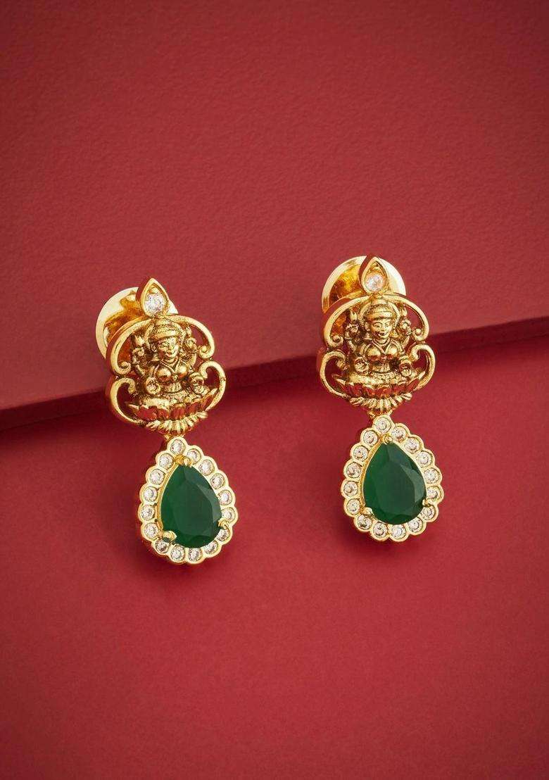 Gold-Plated Teardrop Shaped Drop Earrings with CZ Stone for Women | Traditional Temple Jewellery for Wedding & Festive Wear | Gift for Her - Indya