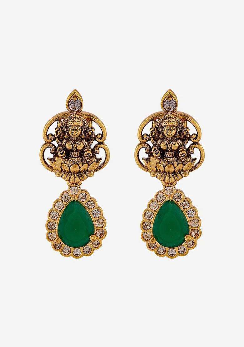 Gold-Plated Teardrop Shaped Drop Earrings with CZ Stone for Women | Traditional Temple Jewellery for Wedding & Festive Wear | Gift for Her - Indya