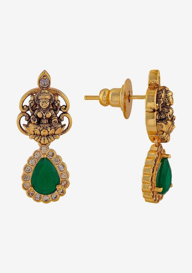 Gold-Plated Teardrop Shaped Drop Earrings with CZ Stone for Women | Traditional Temple Jewellery for Wedding & Festive Wear | Gift for Her - Indya
