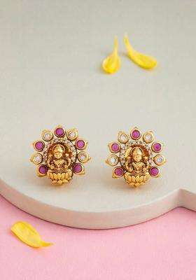Gold-Plated Stone-Studded Floral Studs for Women | Traditional Temple Jewellery for Wedding & Festive Wear | Gift for Her