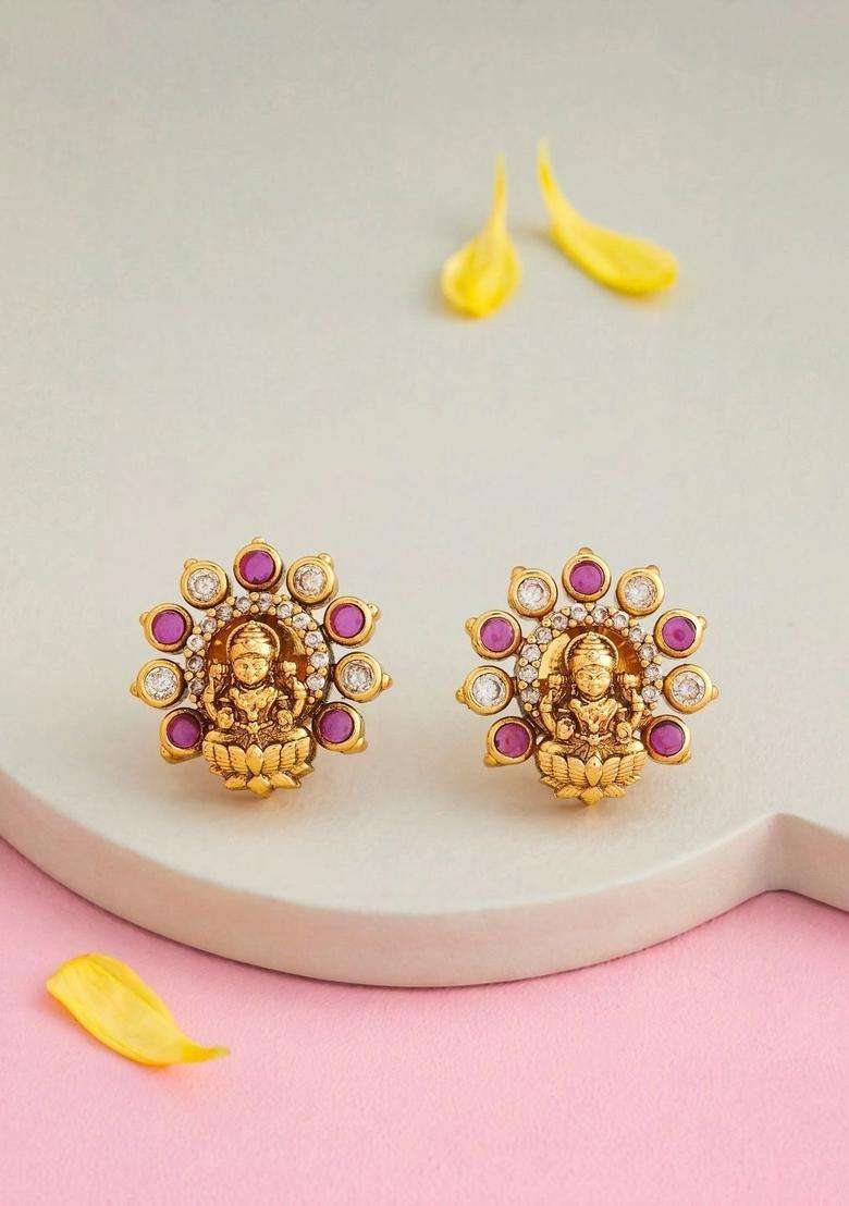 Gold-Plated Stone-Studded Floral Studs for Women | Traditional Temple Jewellery for Wedding & Festive Wear | Gift for Her - Indya