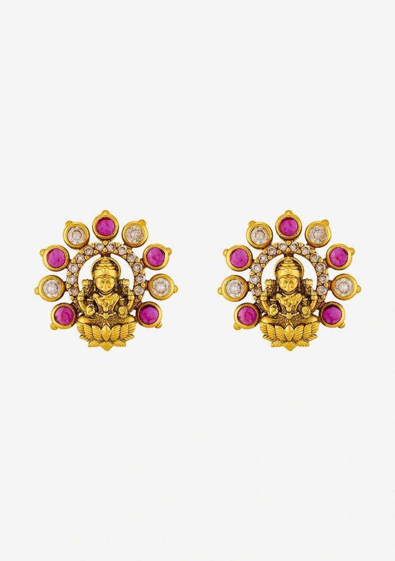Gold-Plated Stone-Studded Floral Studs for Women | Traditional Temple Jewellery for Wedding & Festive Wear | Gift for Her - Indya