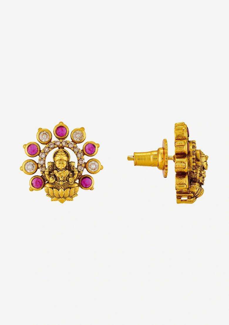 Gold-Plated Stone-Studded Floral Studs for Women | Traditional Temple Jewellery for Wedding & Festive Wear | Gift for Her - Indya