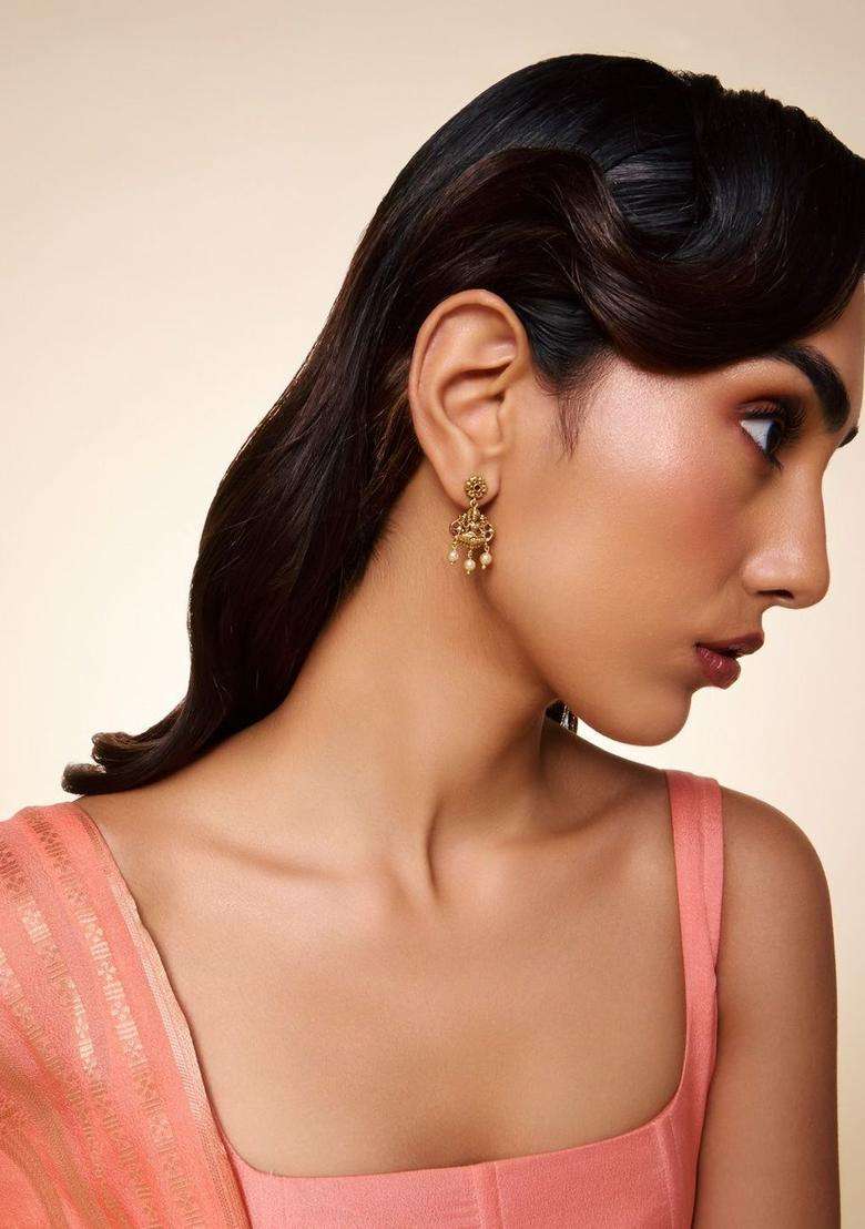 Floral Drop Gold-Plated Ruby Ethnic Earrings for Women | Traditional Temple Jewellery for Wedding & Festive Wear | Gift for Her - Indya