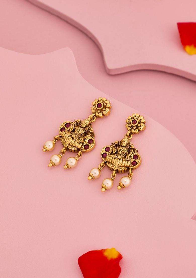 Floral Drop Gold-Plated Ruby Ethnic Earrings for Women | Traditional Temple Jewellery for Wedding & Festive Wear | Gift for Her - Indya