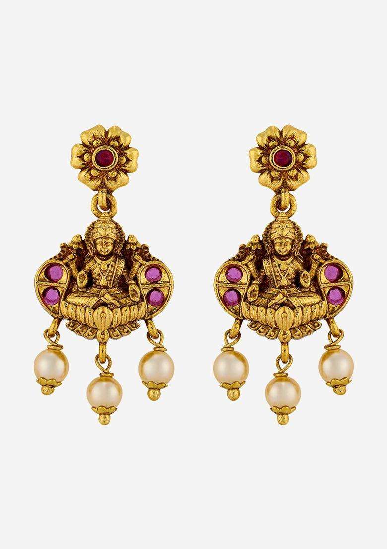 Floral Drop Gold-Plated Ruby Ethnic Earrings for Women | Traditional Temple Jewellery for Wedding & Festive Wear | Gift for Her - Indya
