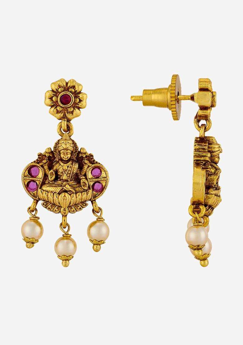 Floral Drop Gold-Plated Ruby Ethnic Earrings for Women | Traditional Temple Jewellery for Wedding & Festive Wear | Gift for Her - Indya