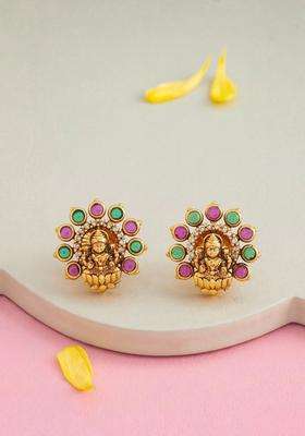 Antique Gold-Plated Circular Shaped Stone Studded Studs for Women | Traditional Temple Jewellery for Wedding & Festive Wear | Gift for Her