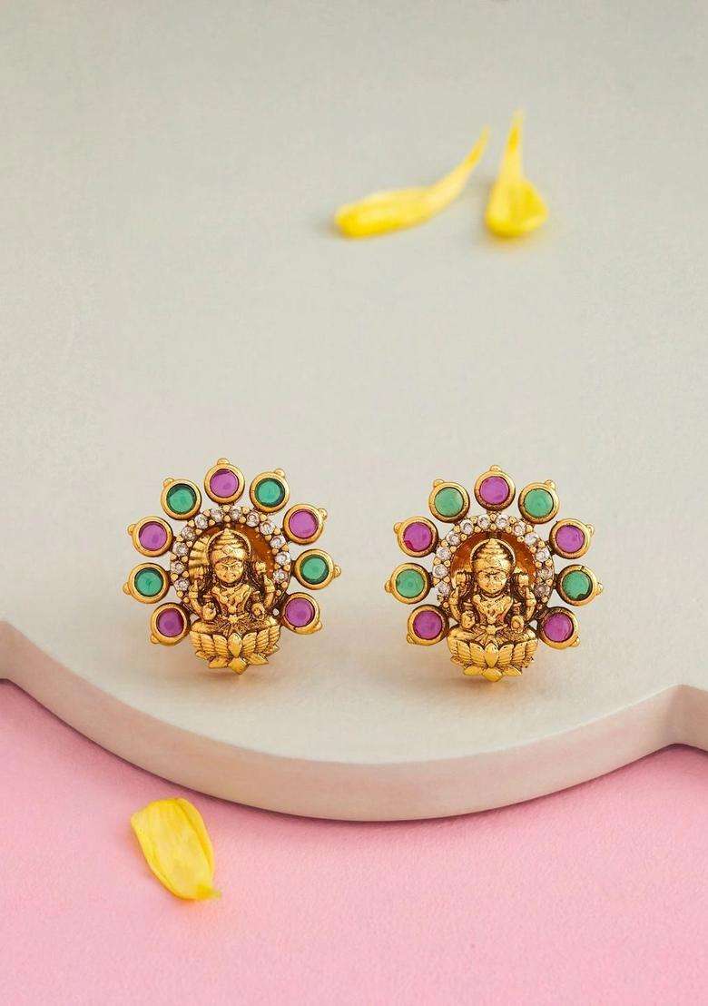 Antique Gold-Plated Circular Shaped Stone Studded Studs for Women | Traditional Temple Jewellery for Wedding & Festive Wear | Gift for Her - Indya