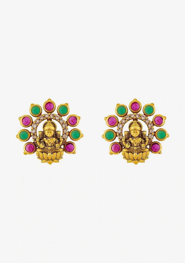 Antique Gold-Plated Circular Shaped Stone Studded Studs for Women | Traditional Temple Jewellery for Wedding & Festive Wear | Gift for Her - Indya