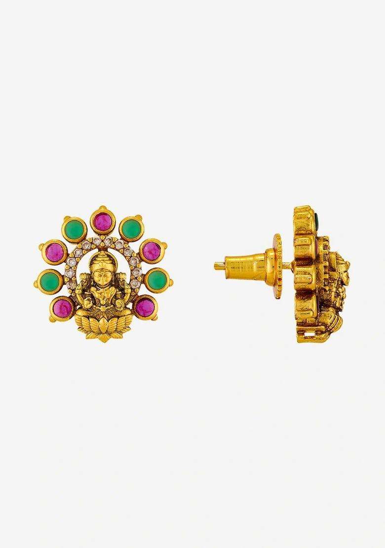 Antique Gold-Plated Circular Shaped Stone Studded Studs for Women | Traditional Temple Jewellery for Wedding & Festive Wear | Gift for Her - Indya