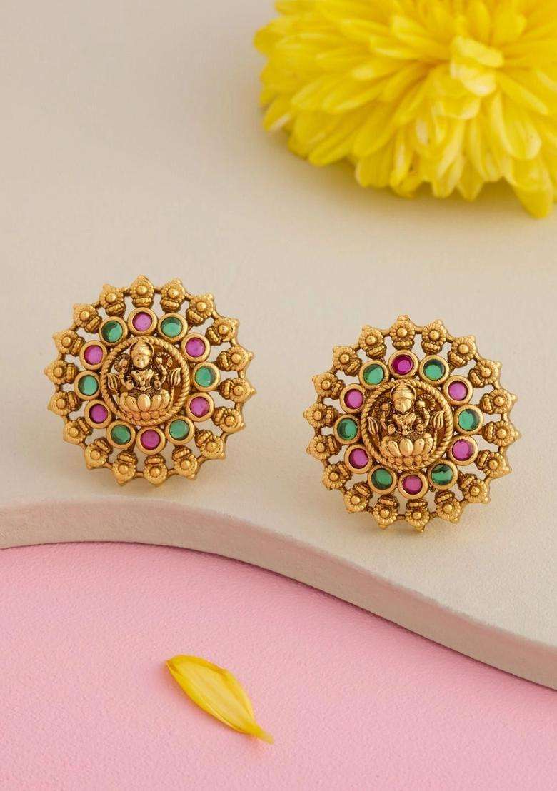 Gold-Plated Floral Studs Earrings for Women | Traditional Temple Jewellery for Wedding & Festive Wear | Gift for Her - Indya
