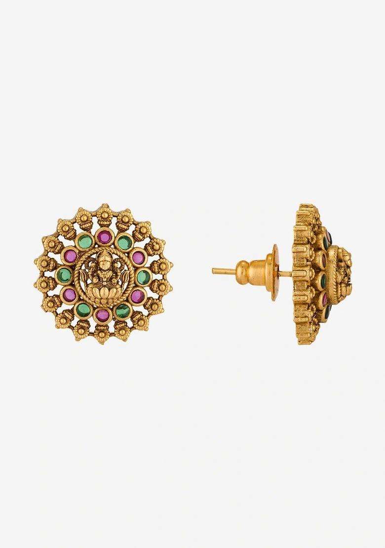 Gold-Plated Floral Studs Earrings for Women | Traditional Temple Jewellery for Wedding & Festive Wear | Gift for Her - Indya