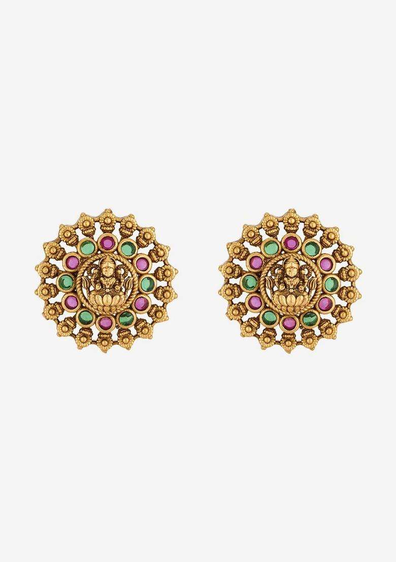 Gold-Plated Floral Studs Earrings for Women | Traditional Temple Jewellery for Wedding & Festive Wear | Gift for Her - Indya