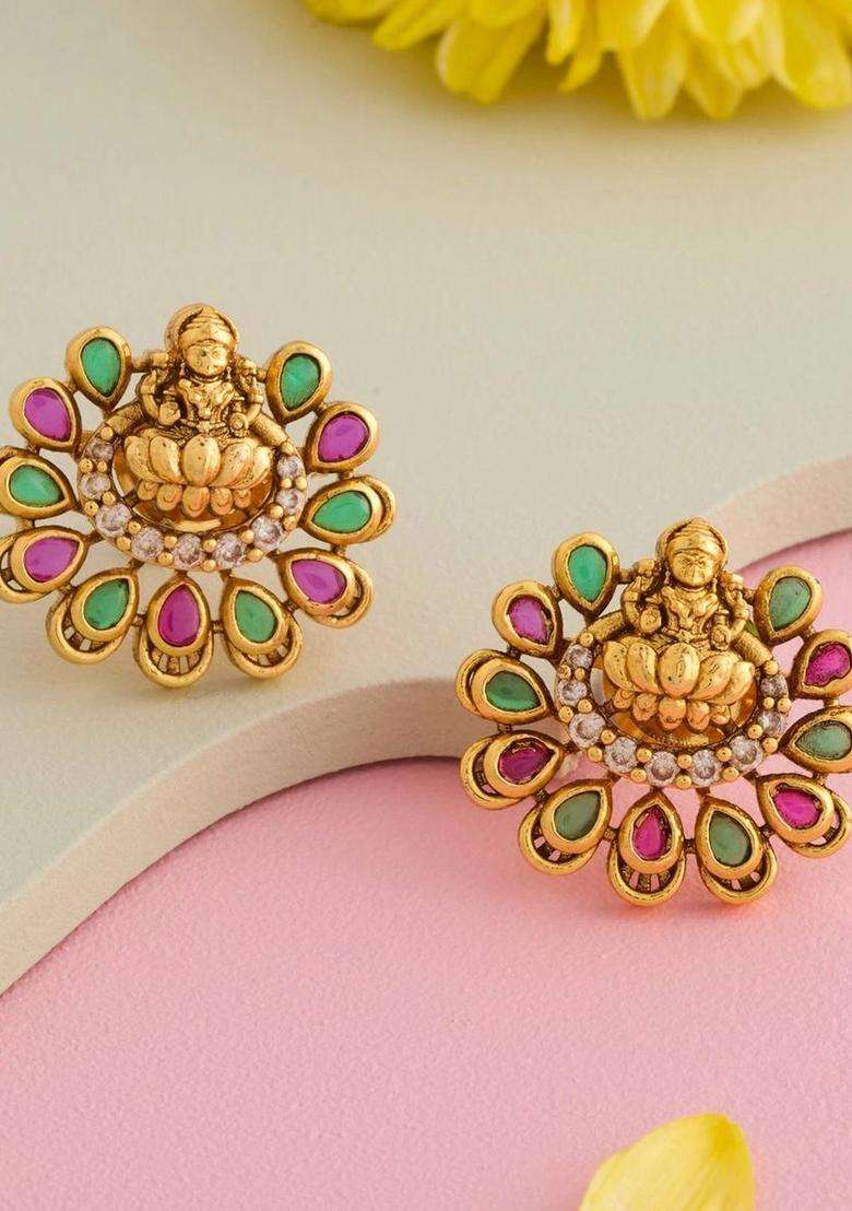 Gold-Plated Floral Studs Earrings with CZ Stone for Women | Traditional Temple Jewellery for Wedding & Festive Wear | Gift for Her - Indya