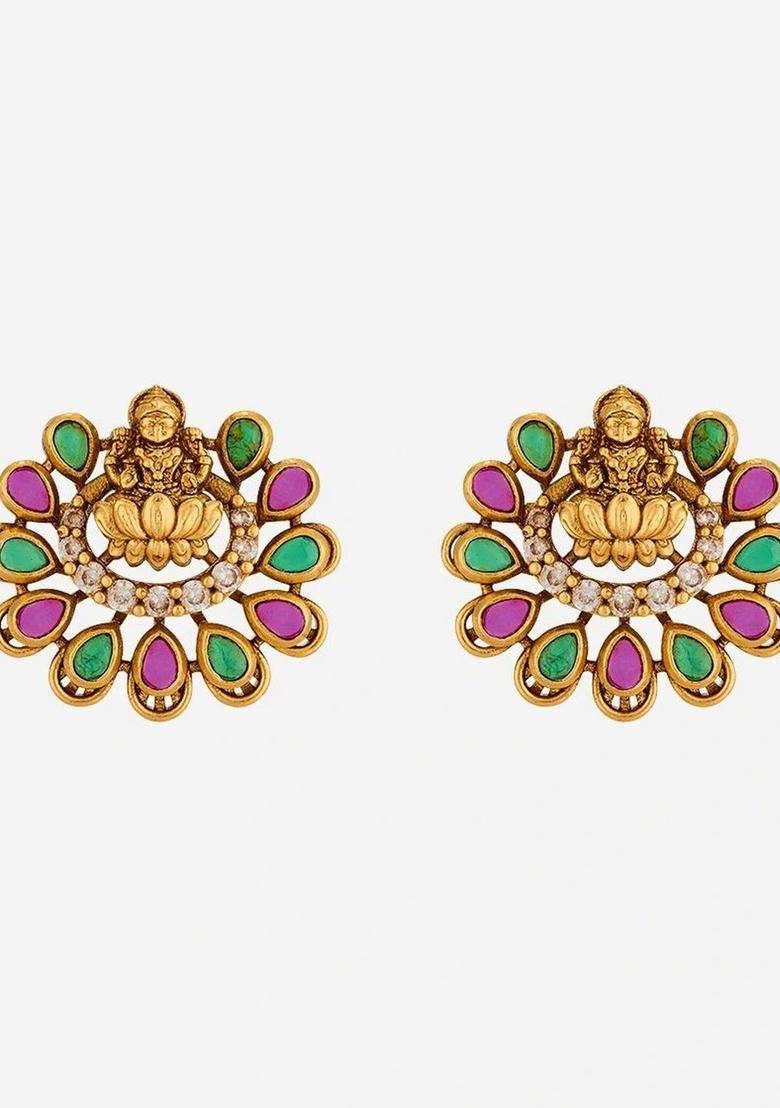 Gold-Plated Floral Studs Earrings with CZ Stone for Women | Traditional Temple Jewellery for Wedding & Festive Wear | Gift for Her - Indya