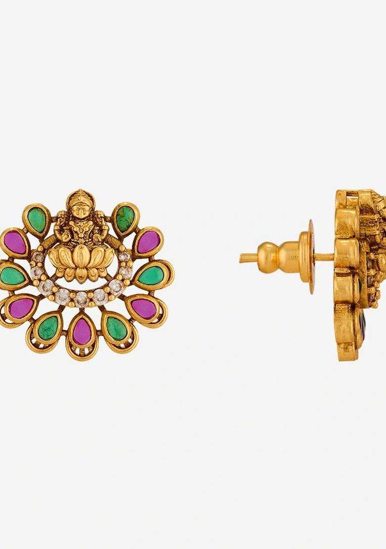 Gold-Plated Floral Studs Earrings with CZ Stone for Women | Traditional Temple Jewellery for Wedding & Festive Wear | Gift for Her - Indya