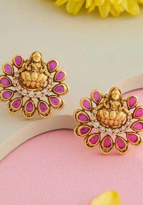 Gold-Plated Floral Studs Earrings with CZ Stone for Women | Traditional Temple Jewellery for Wedding & Festive Wear | Gift for Her