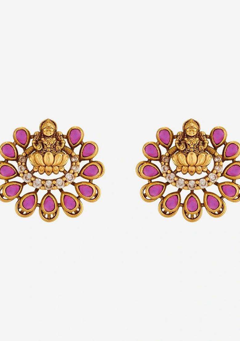 Gold-Plated Floral Studs Earrings with CZ Stone for Women | Traditional Temple Jewellery for Wedding & Festive Wear | Gift for Her - Indya