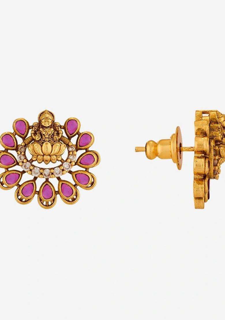 Gold-Plated Floral Studs Earrings with CZ Stone for Women | Traditional Temple Jewellery for Wedding & Festive Wear | Gift for Her - Indya