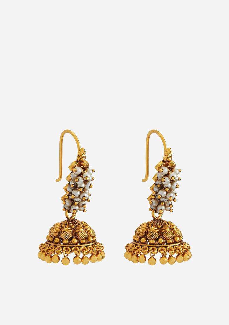 92.5 Pure Silver Gold-Plated Beaded Dome Shaped Temple Jhumkas Earrings for Women | Traditional Temple Jewellery for Wedding & Festive Wear | Gift for Her - Indya