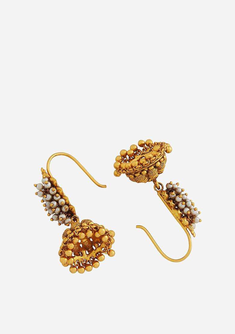 92.5 Pure Silver Gold-Plated Beaded Dome Shaped Temple Jhumkas Earrings for Women | Traditional Temple Jewellery for Wedding & Festive Wear | Gift for Her - Indya