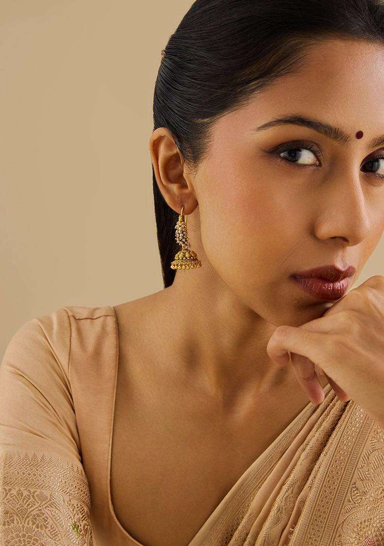 92.5 Pure Silver Gold-Plated Beaded Dome Shaped Temple Jhumkas Earrings for Women | Traditional Temple Jewellery for Wedding & Festive Wear | Gift for Her - Indya