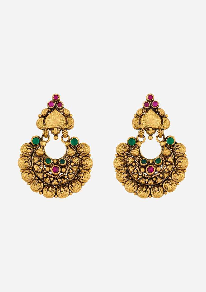 Green Circular Chandbalis Gold-Plated Ruby Ethnic Earrings for Women | Traditional Temple Jewellery for Wedding & Festive Wear | Gift for Her - Indya