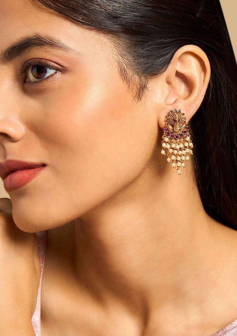 Gold-Plated Stones Studded & Beaded Classic Drop Earrings for Women | Traditional Temple Jewellery for Wedding & Festive Wear | Gift for Her - Indya